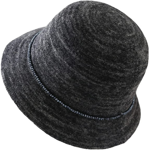 CoCopeaunts Women Bucket Hat with Small Beads Decorate Vintage Solid Color Faux Wool Felt Hat Winter Warm Church Bowler Hat