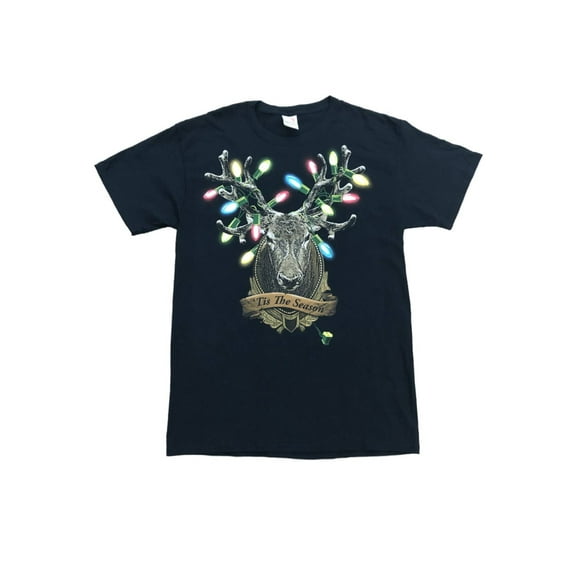 Mens Black Reindeer Head Lights Tis The Season Christmas Holiday T-Shirt