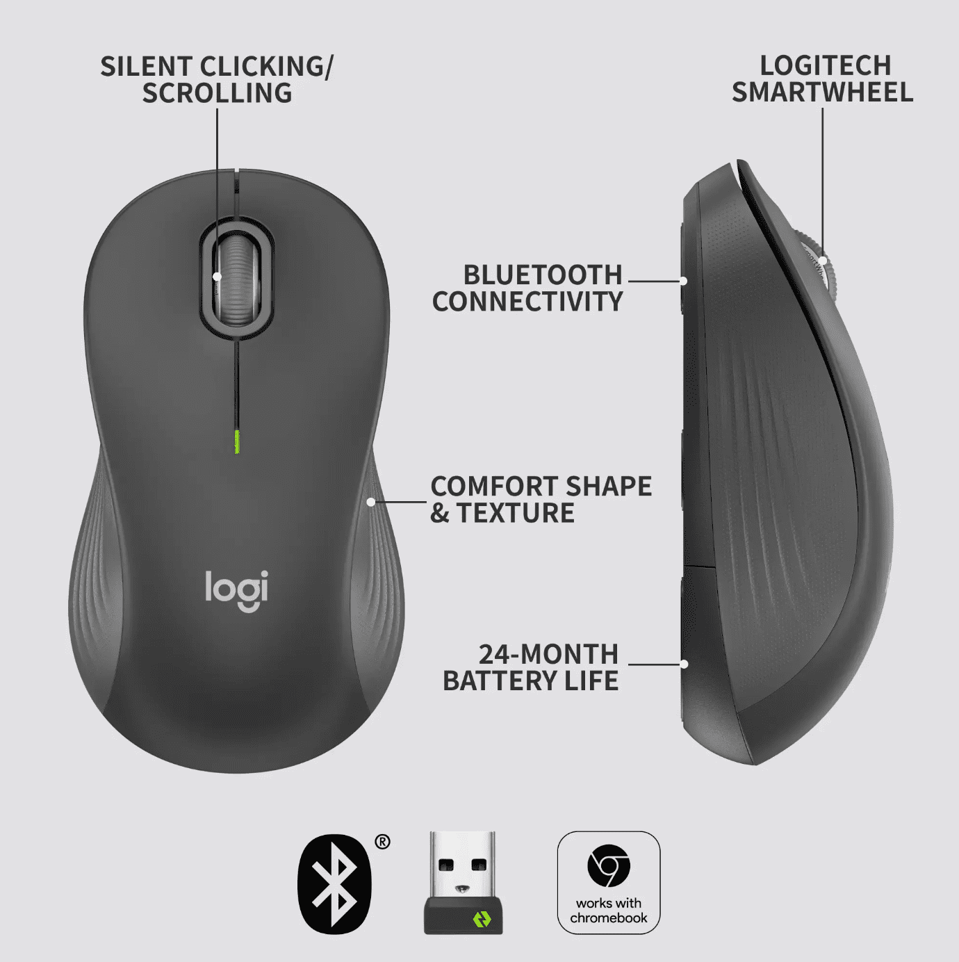 Logitech M550 L Full Size Bluetooth Optical Ambidextrous Mouse with Silent Clicks - Graphite