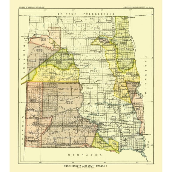 Historic State Map - North Dakota South Dakota - Bismarck - Hoen 1896 - Vintage Wall Art
