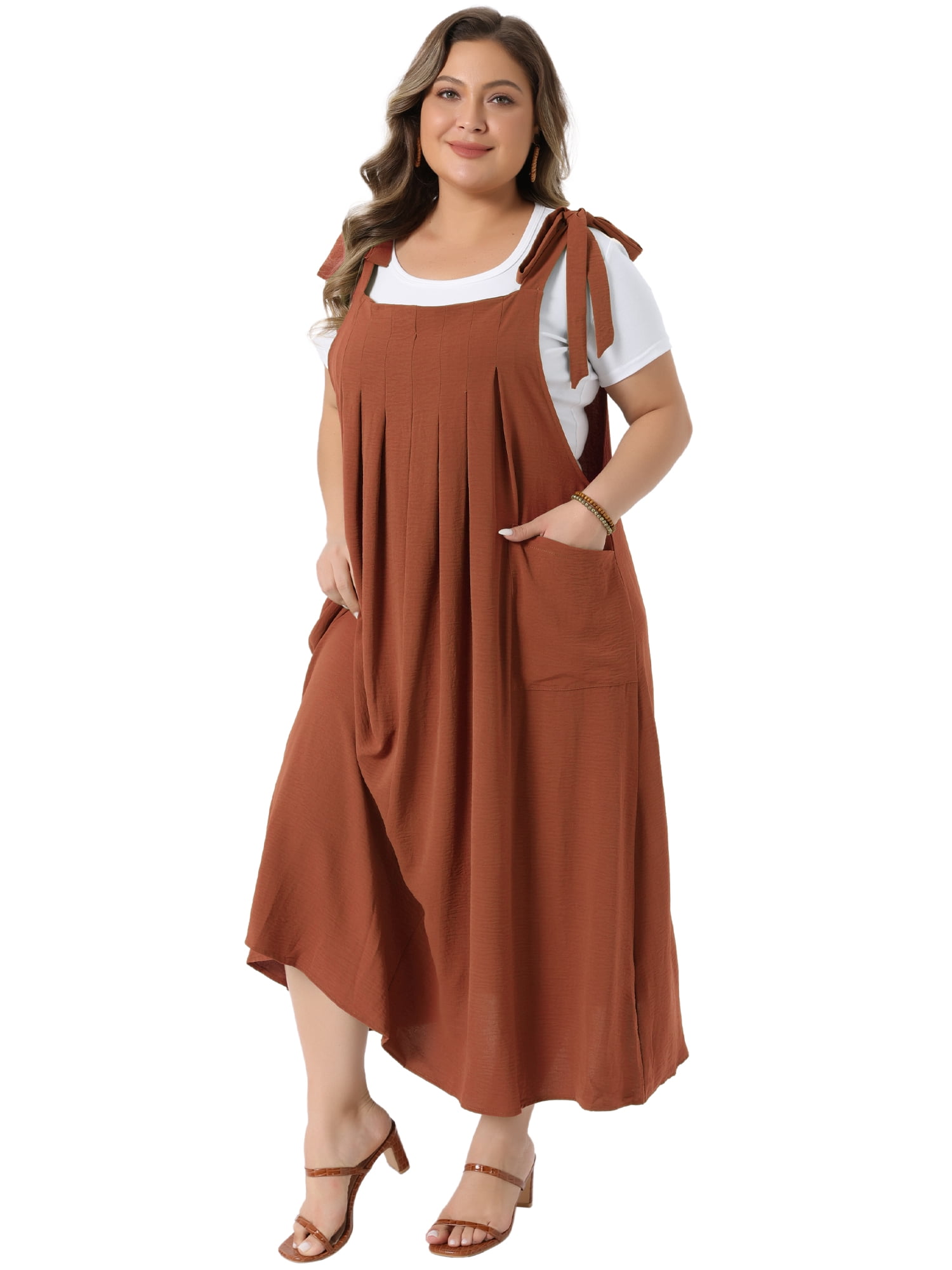 DARING DIVA Women's Plus Pinafore Dress with Pockets Overall Dress 3X Khaki
