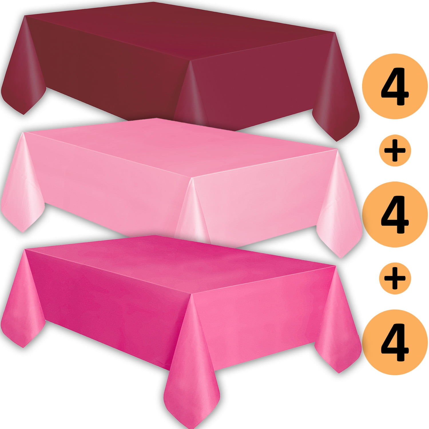 12 Plastic Tablecloths Burgundy, Classic Pink, Hot Pink Premium