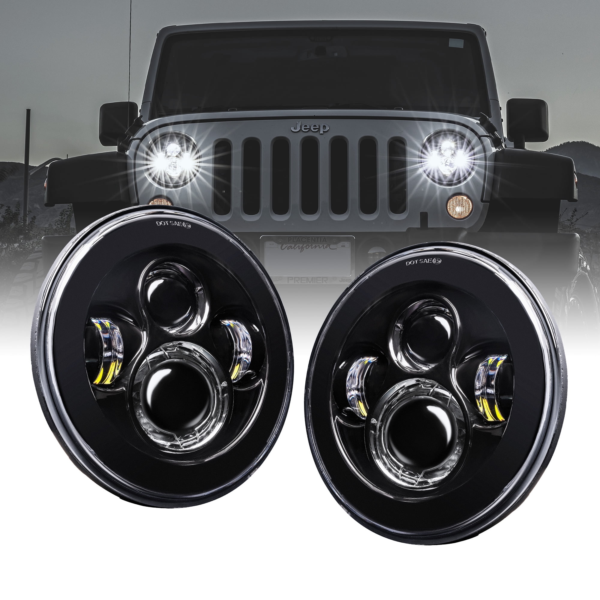 DOT 7 inch Round Led Headlights HI-LO Black Mount for Jeep Wrangler JL 2018 2019 