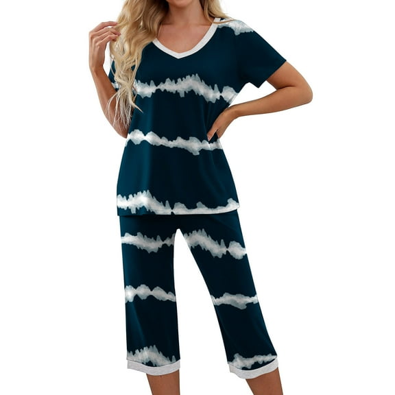 Xysaqa Pajamas Women Sets Short Sleeve Shirt and Capris Pants Womens 2 Piece Soft Sleepwear Lounge Pjs Sets with Pockets