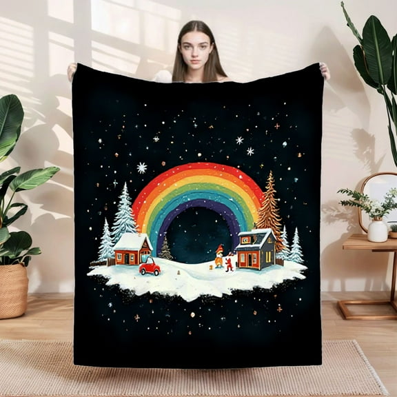 Cozy Flannel Blanket - Soft Warm and Durable with Vibrant Rainbow Design Perfect for Sofa Travel and Bed