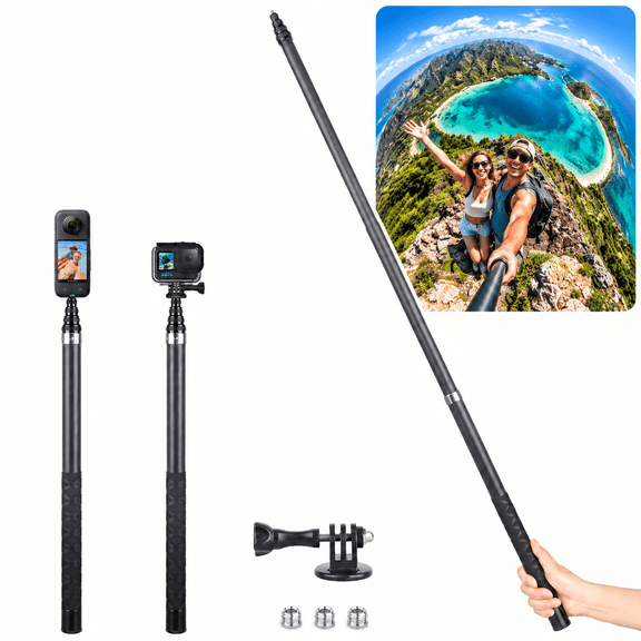 3M Carbon Fiber Selfie Stick with 1/4 Inch Screw & 3Pcs Thread Adapters, Panoramic Camera Invisible Extension Rod for Insta360 X5 X4 X3/ONE X/ONE X2, GoPro, Action Camera Accessories