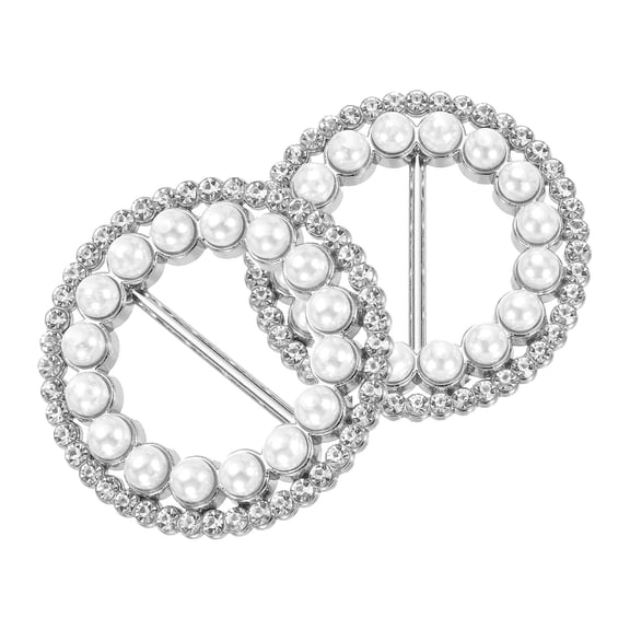 Uxcell 2Pcs Silk Scarf Ring Clip Pearl Rhinestone Layered T-Shirt Ties Buckle, Silver