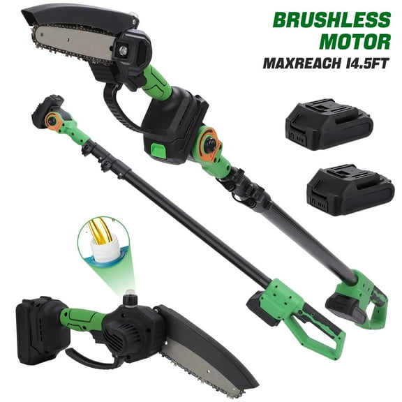 2-in-1 Brushless Cordless Pole Saw,6in   4in Mini Chainsaw & Pole Saw with 2pcs 2.0A Batteries, 14.5ft Max Reach Brach Tree Saw Telescoping Extension Rod for Wood Tree Trimming Wood Cutting
