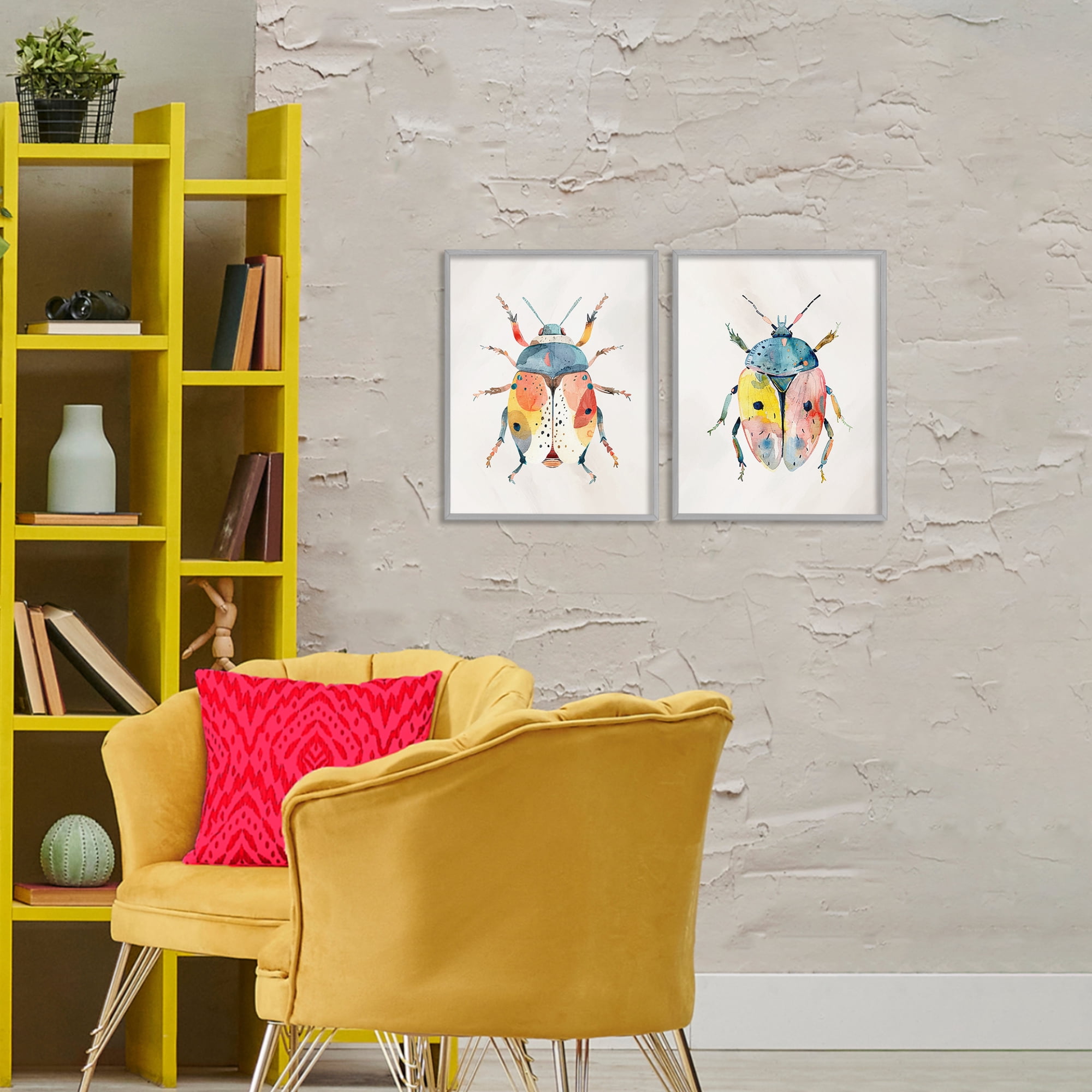 Stupell Industries Colorful Boho Beetles 2 Piece Gray Framed Giclee Art Set, design by Kim Allen
