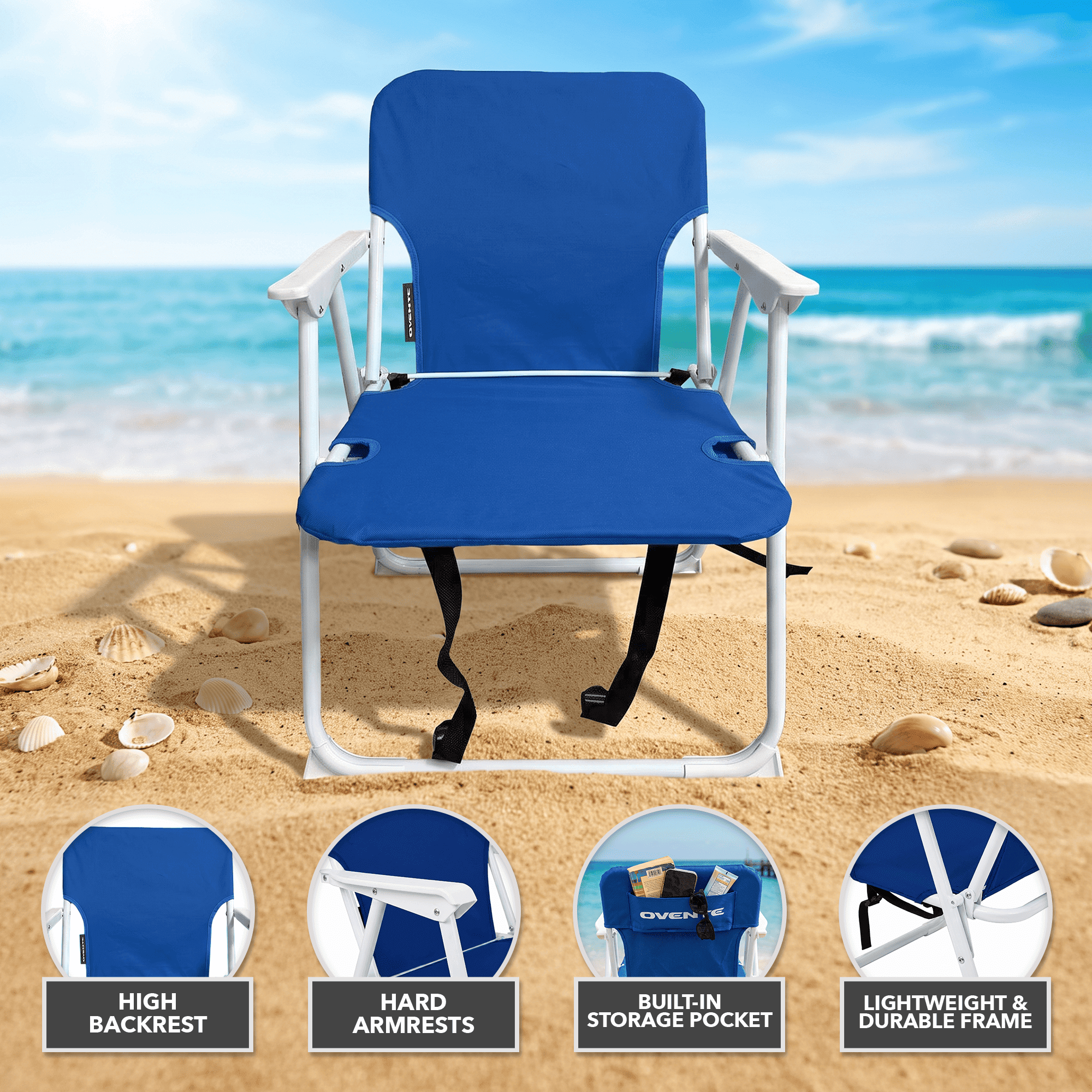 OVENTE Portable Beach Chair, Lightweight, Ergonomic Design, Blue CHR011BL | Foldable Camping Chair with Hard Armrest, Backrest and Pocket for Storage, Ideal for Travel, Hiking and Picnic