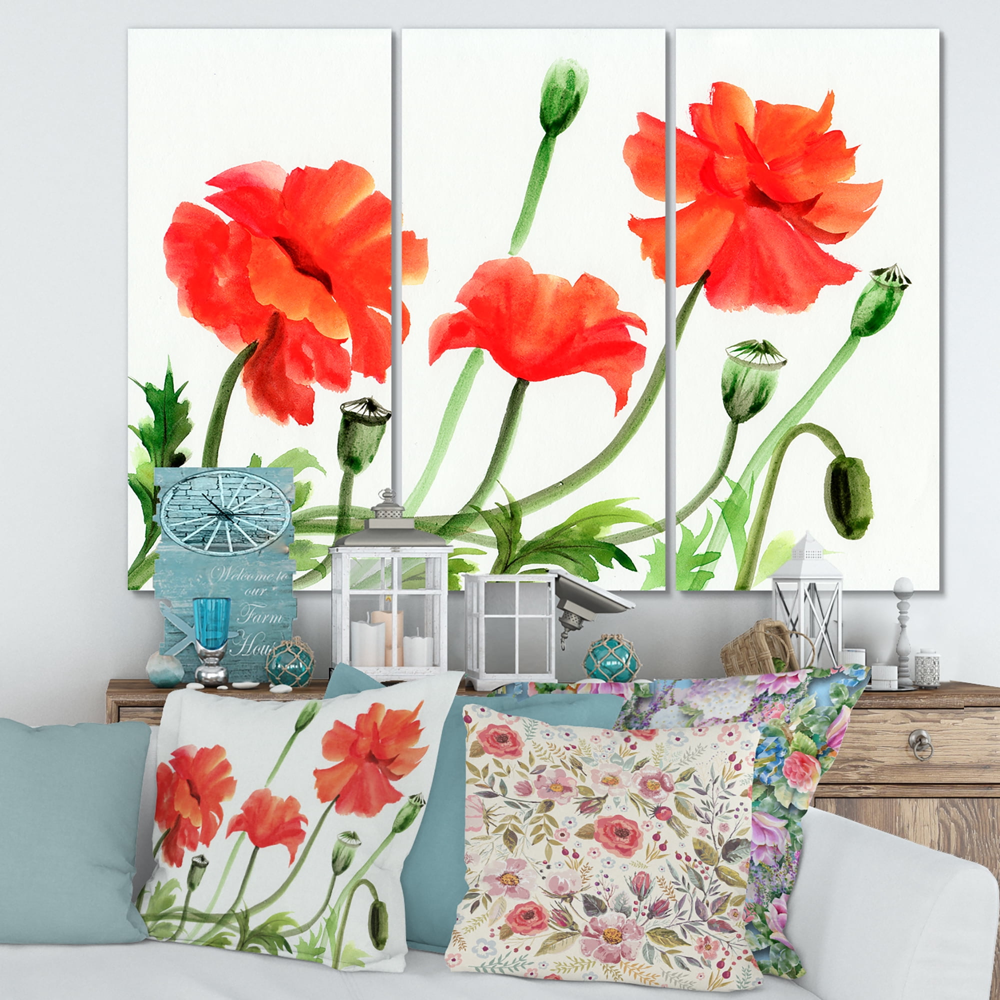 Designart ' Ancient Red Poppies III ' Traditional Canvas Wall Art Print