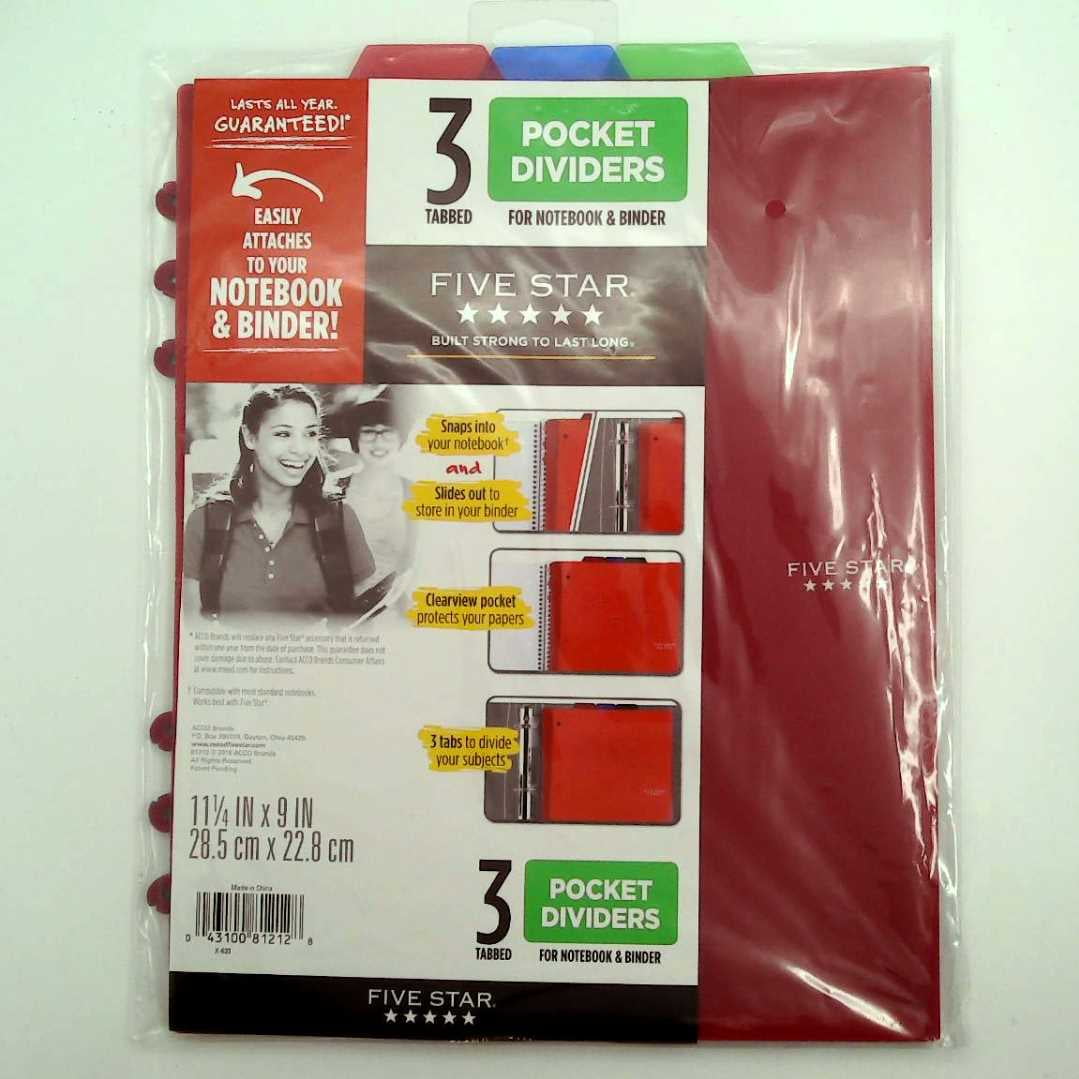 Five Star Pocket Dividers, Tabbed, Fits 3 Ring Binder, Colors Will Vary