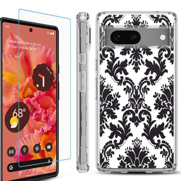 OneToughShield ® Compatible with Google Pixel 8, Shockproof Phone Case, with Tempered Glass Screen Protector - Victorian White/Black