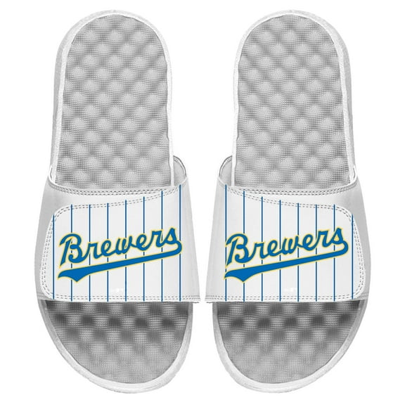 Men's ISlide White Milwaukee Brewers Cooperstown Pinstripe Logo Slide Sandals