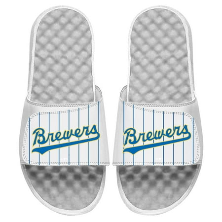 

Men s ISlide White Milwaukee Brewers Cooperstown Pinstripe Logo Slide Sandals