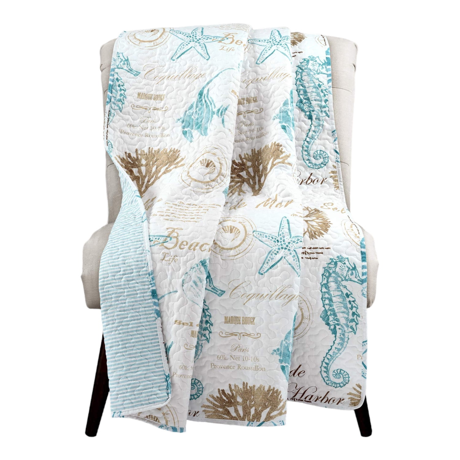 Coastal Comfort Quilted Nautical Throw Blanket Blue Taupe Striped Seahorse Design for Bed Couch or Chair 50 x 60 Beachy Vibes Walmart
