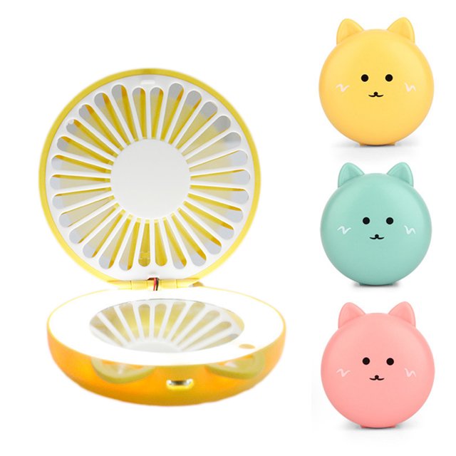 Coofit Mini Fan Cute Cartoon Portable Fan Cooling Fan with Beauty Mirror & LED Light