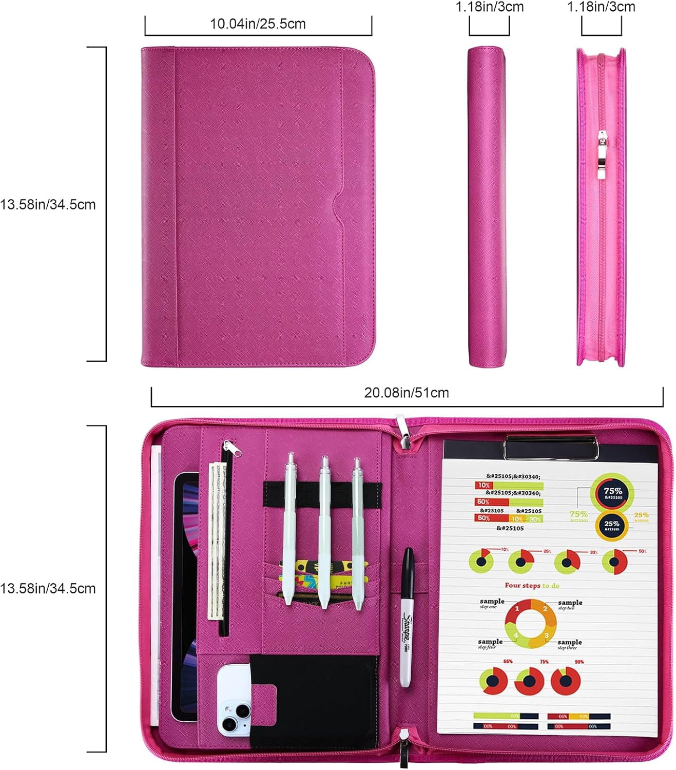 ProCase Portfolio Business Padfolio Folder with Zipper, Document Organizer with Pockets Letter Size A4 Writing Pad Padfolio -Magenta