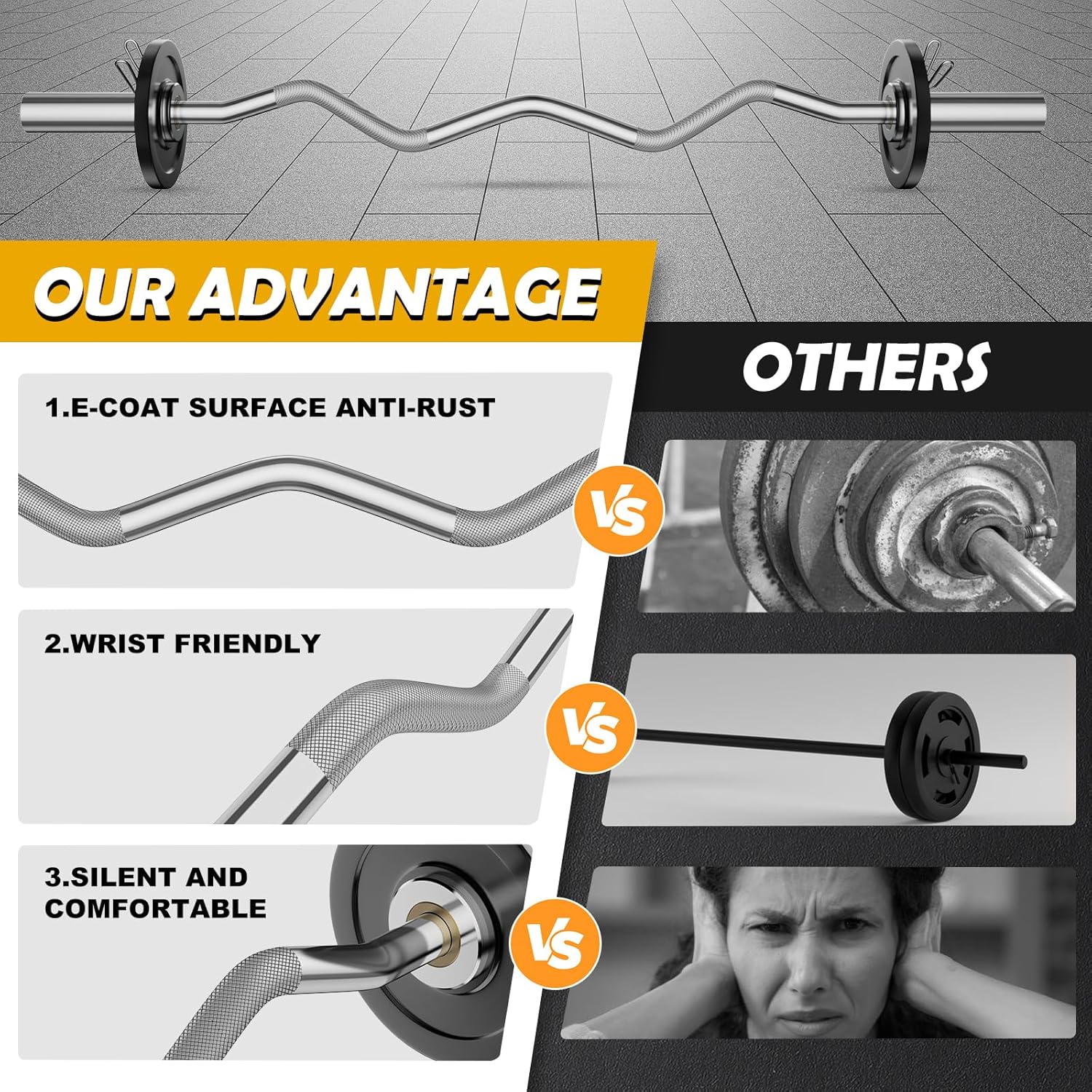 Curl Barbell Bar 47 Inch with Silent Bearings for Weight Lifting and Strength Training