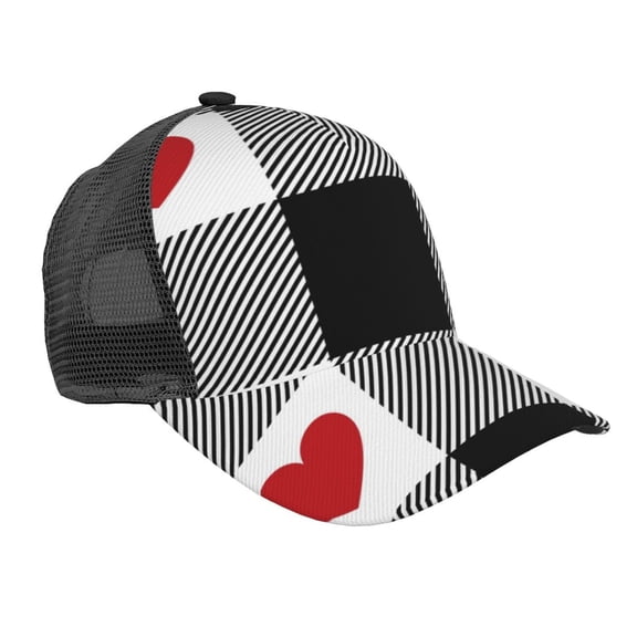 Lsque Heart Black Buffalo Plaid Gingham Printed Trucker Hat - Baseball Cap for Men Women - Breathable Mesh Side, Adjustable Fit - for Casual Wear