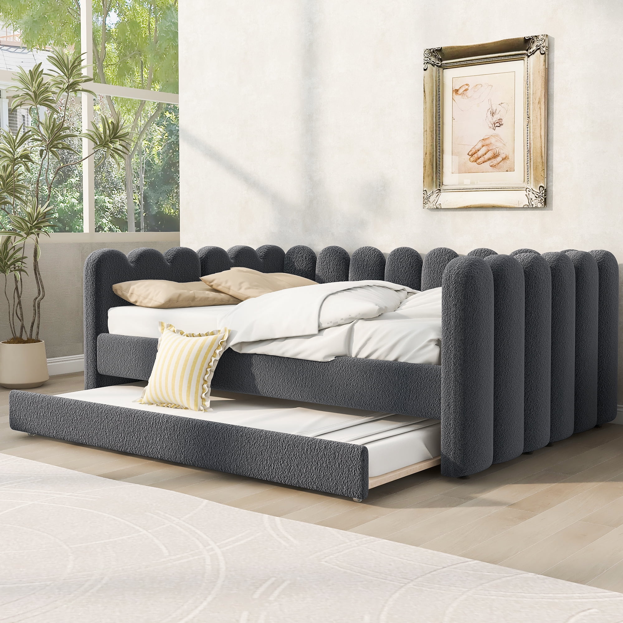 EUROCO Queen Size Upholstered Daybed with Twin Trundle, No Box Spring Needed, Velvet Sofa Bed for Guest Room/Living Room, Gray