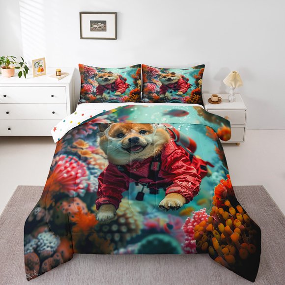 Erosebridal Funny Diving Corgi Dog Bedding Queen Comforter Set, Lovely Pet Animal Down Comforter, Marine Coral Bedroom Decorative, Reversible 3 Pieces