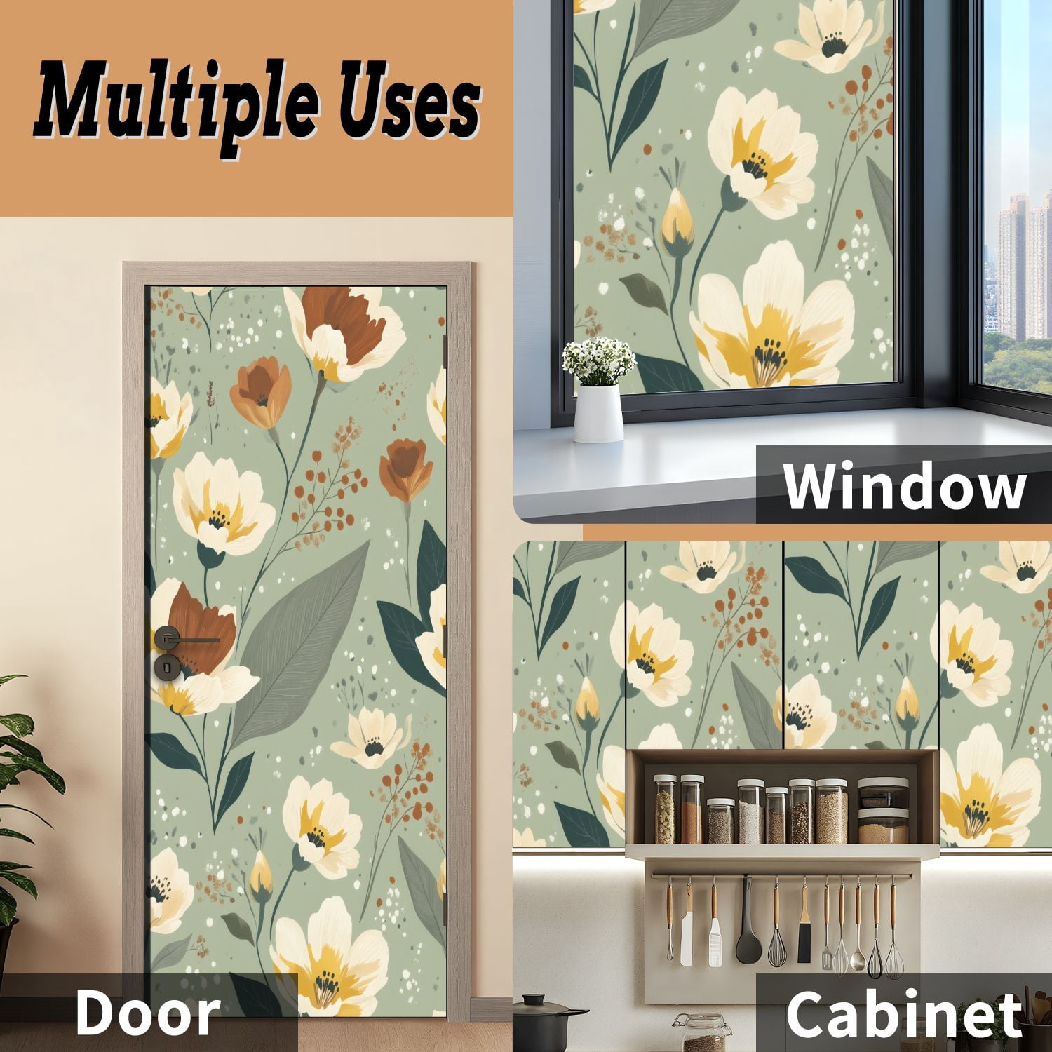 Self Adhesive Vinyl Refrigerator Wrap Set Muted Green Floral Brown Yellow Blooms Door Mural Removable Fridge Sticker Peel and Stick&nbsp;Full Door Cover Decal Kitchen Bar Decor