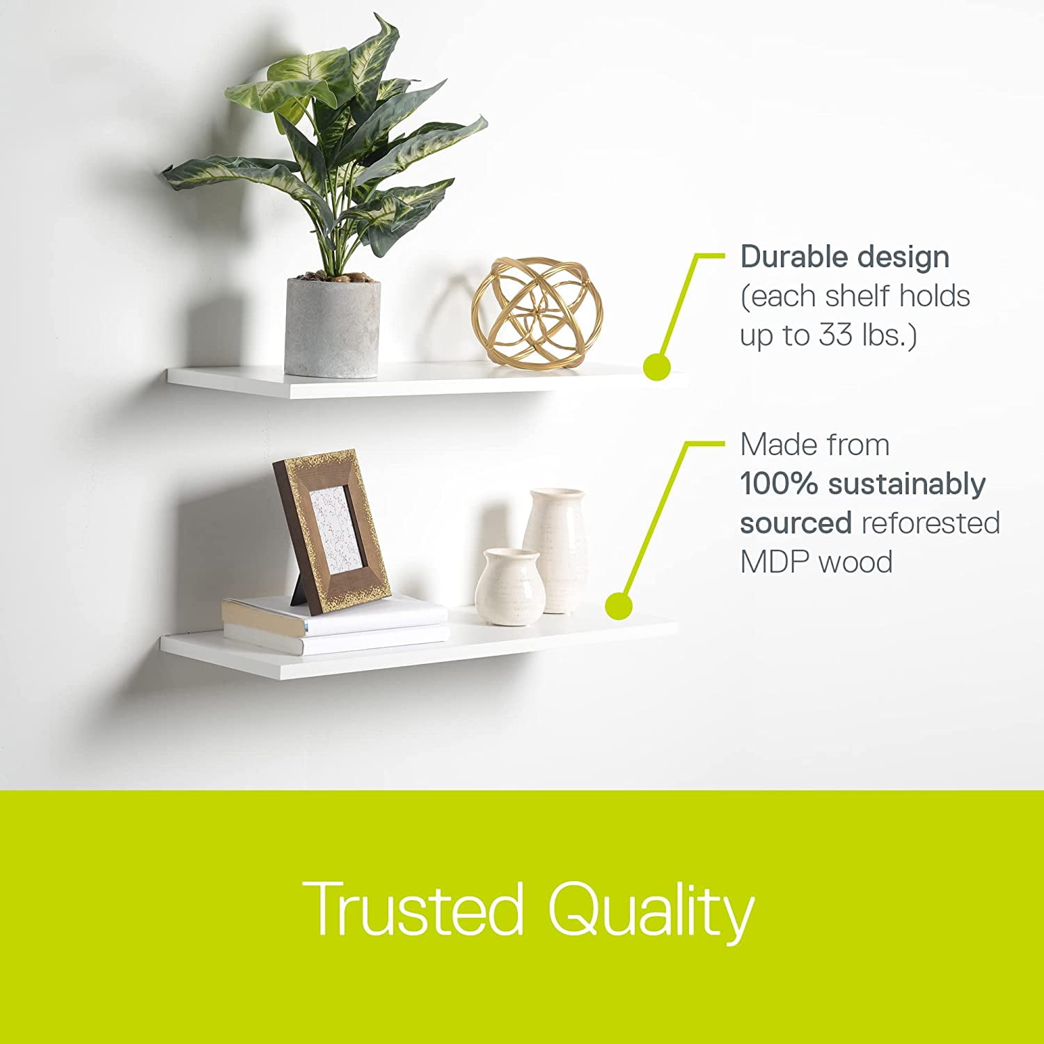 Delta Floating Wall Shelves 2 Pack- White - 24 in x 8 in x .5 in - Reforested Wood Shelves