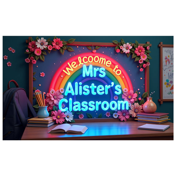 Colorful Rainbow Themed Banner with Floral Decorations Mrs Alisters Classroom Sign Backdrop Party Supplies for School Events Classroom Decorations Photography Props for Teacher Parties