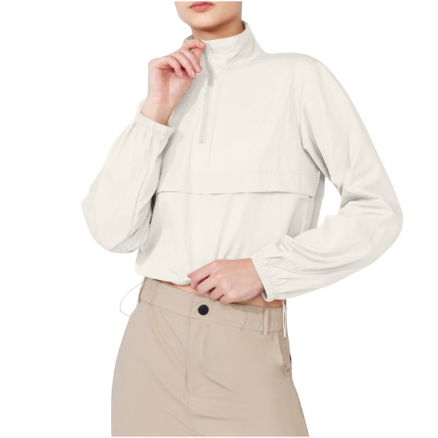 Timegard Hauts pour Femmes Col à Revers Fermeture Éclair Manches Longues Crop Top Cordon de Serrage Randonnée Protection Extérieure Tee