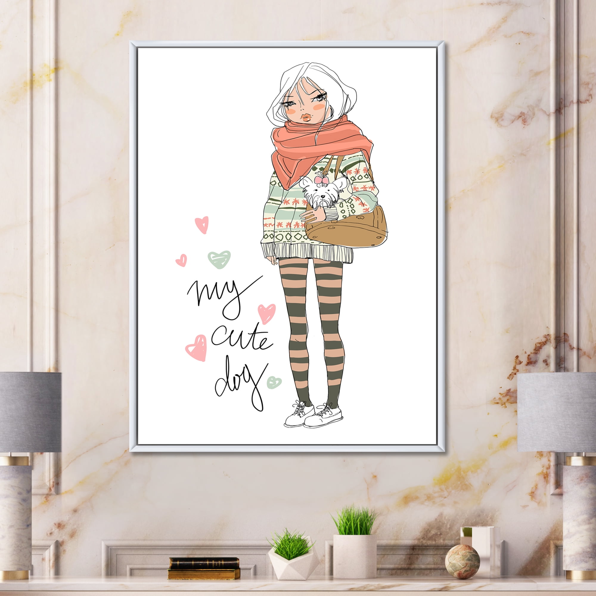Designart 'My Cute Dog Cute Girl With Dog' Shabby Chic Framed Canvas Wall Art Print