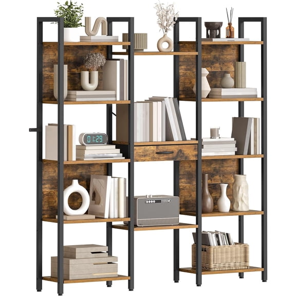 Triple Book Shelf, Industrial Bookshelf with Drawer, 5-Tier Bookcase with Frame, Bookcase with 13 Open Display Shelves for Office, Room, Rustic Brown and Black BF160SJ01