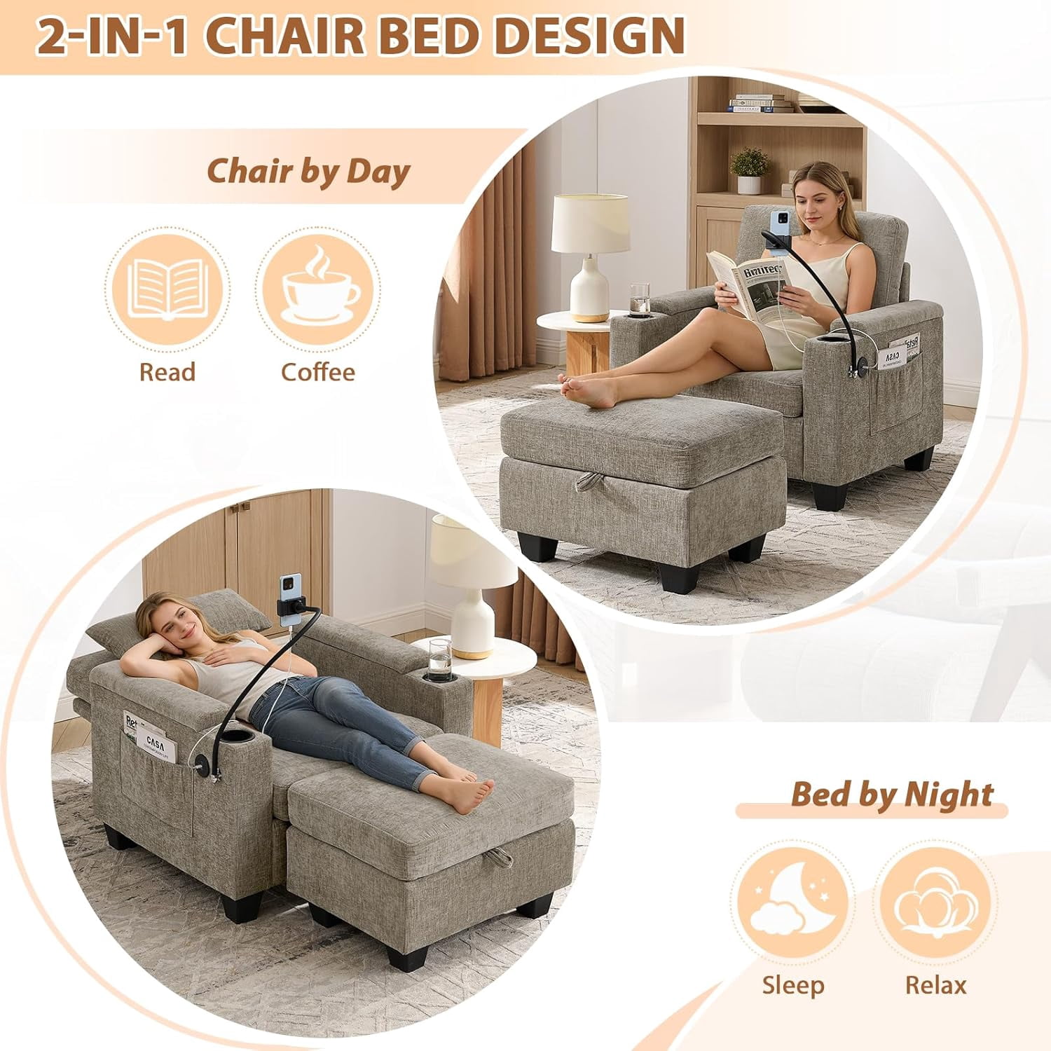MOONMISS Oversized Chaise Lounge Chair Indoor, Single Convertible Recliner Reading Arm Sofa Chair W/Adjustable Backrest & Charging Port Couch Bed for Living Room, Home Theater & Bedroom,Brown
