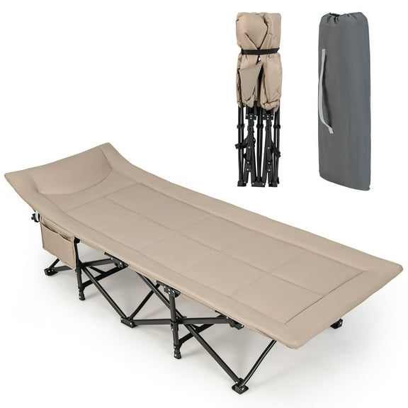 RTRWDC Foldable Camping Bed 75 inches x 27 inches x 19 inches 450 pound Load Capacity Outdoor Bed with Side Storage Bag 10 Support Points Storage Bag Khaki Suitable for Camping/Barbecue/Picnicking