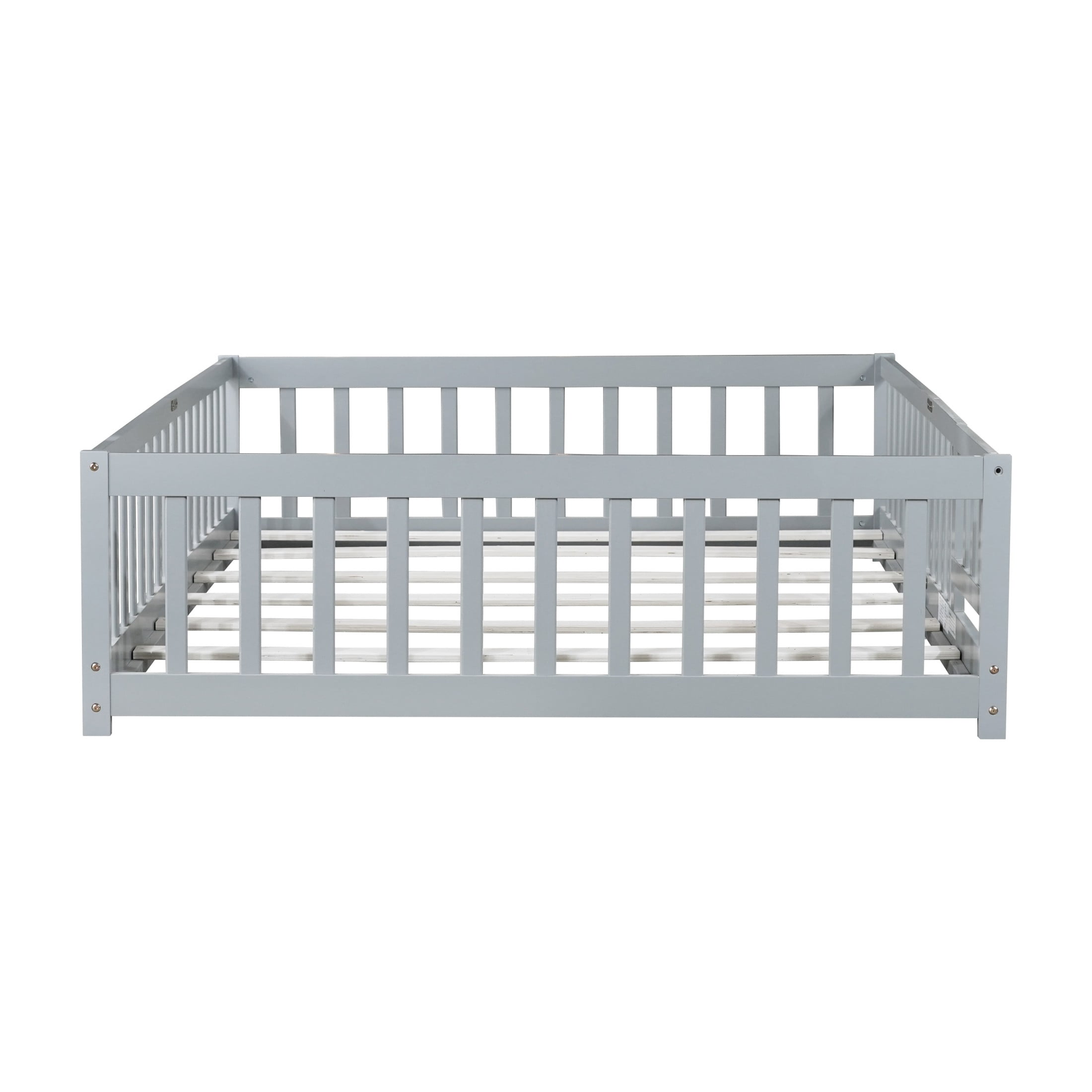 Noble House Full Floor Bed with Safety Guardrails and Door, Rubber Wood Montessori Bed, Kid's Room, Gray