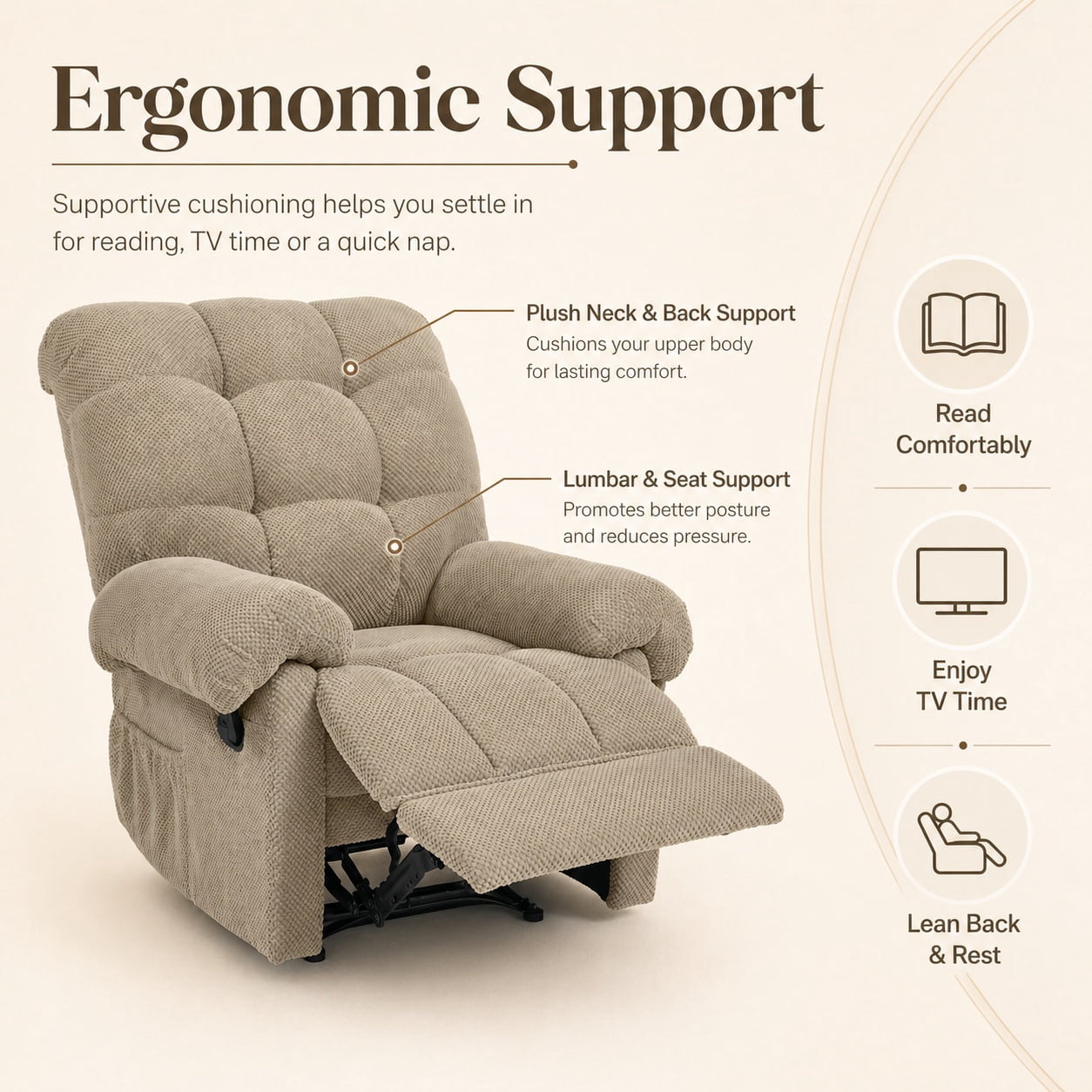 Miniyam Overstuffed Recliner Chair with Plush Armrests, Adjustable Ergonomic Recliner, 105° to 165° Reclining, Camel