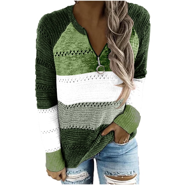 FAIWAD Long Sleeve Sweaters for Women Color Block Striped Plus Size Zip Knitted Pullover Tops