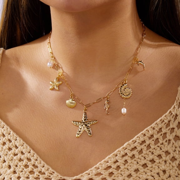NICKSUN Vintage Gold Ocean Charm Choker Necklace, Boho Beach Vacation Dainty Paperclip Chain with Starfish, Seashell, Seahorse & Marine Animal Pendants, Elegant Coastal Statement Jewelry