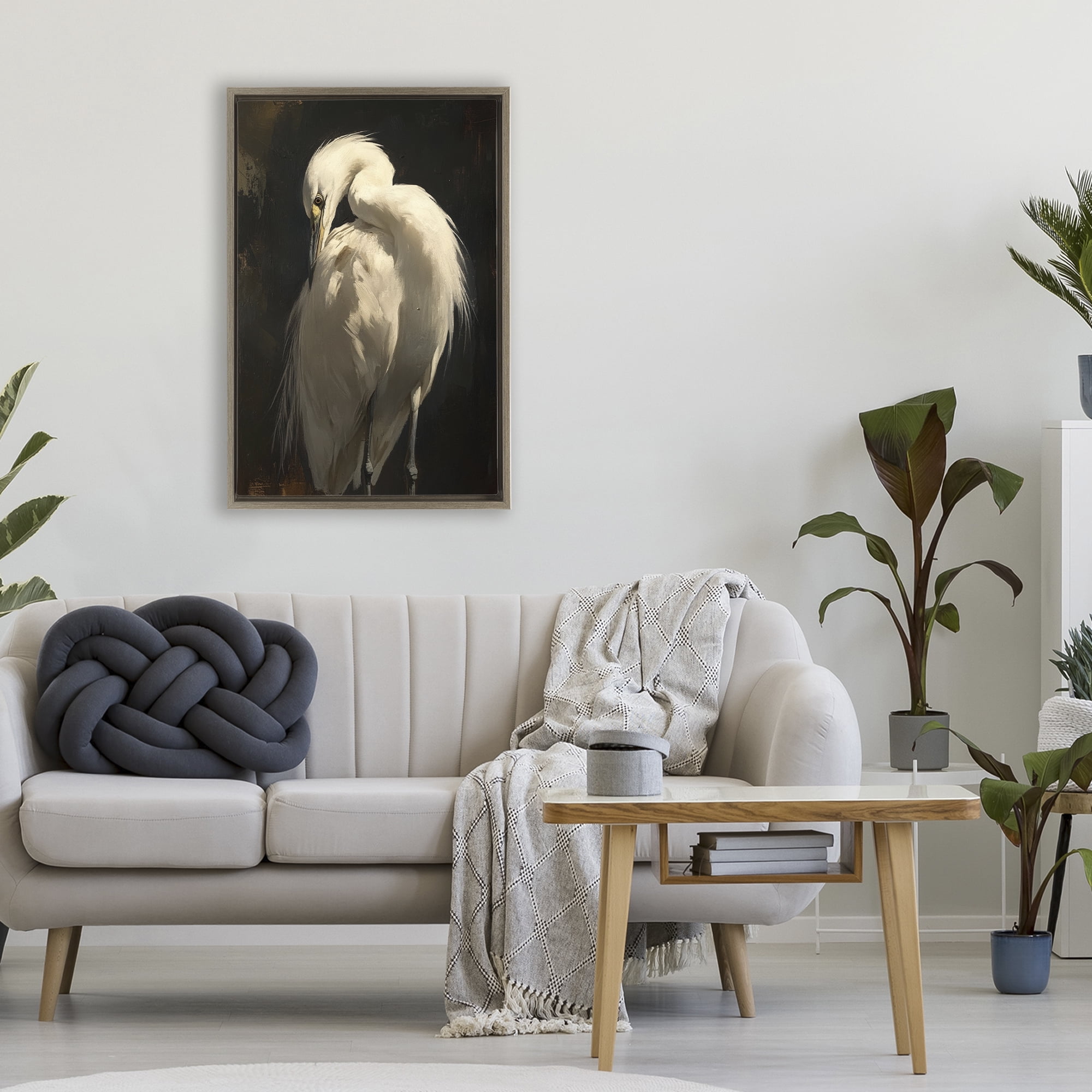 Stupell Industries Feathered Egret in Soft Light Brown Framed Floater Canvas Wall Art, design by Petal Prints Design
