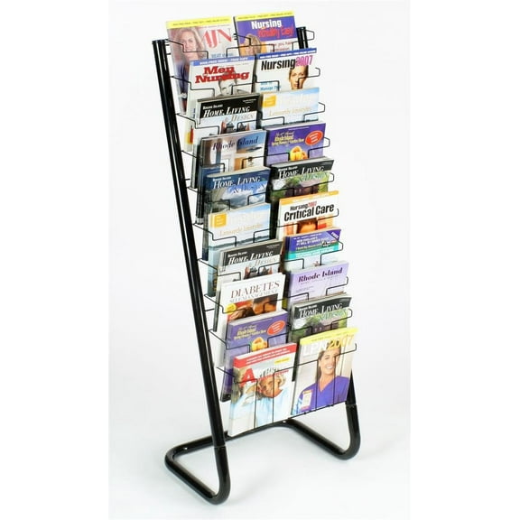 Displays2go 57" Floor-Standing Wire Magazine Rack, 20 Pockets, Tiered Design - Black
