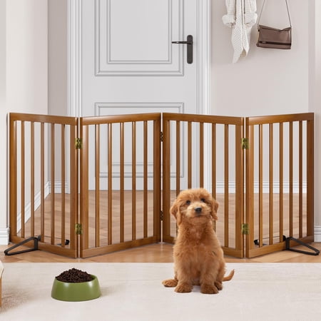Smart FENDEE Bamboo Dog Gate Freestanding Pet Gate with 2 Support Feet for Doorways Walnut 24 H 4 Panel