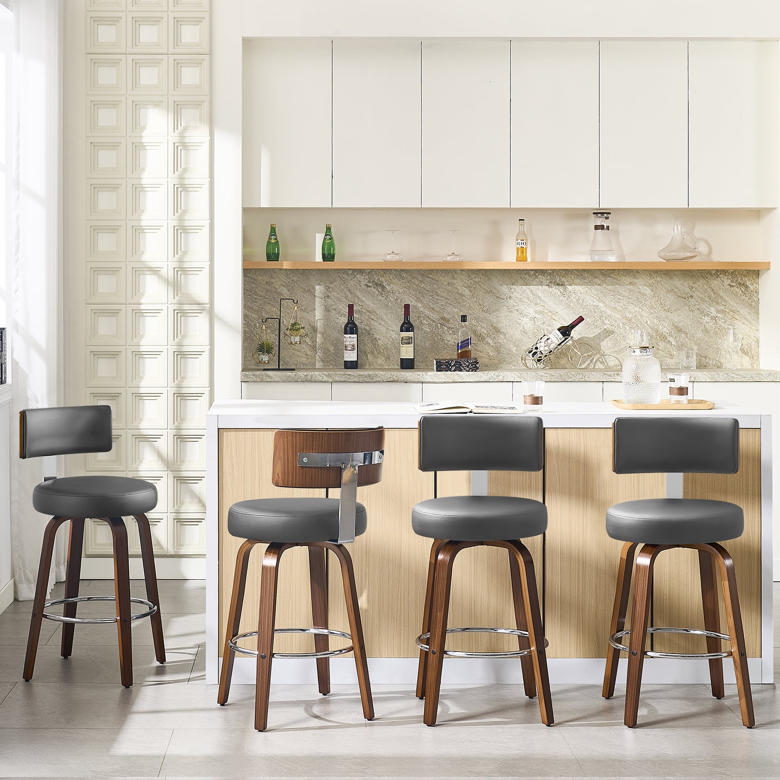 WOOW DEPOT PU Swivel Bar Stools Set of 1, 26" Seat Height Modern Upholstered Bar Chairs w/ Mid-back Round Seat Walnut Legs Leather Island Stools for Kitchen Counter
