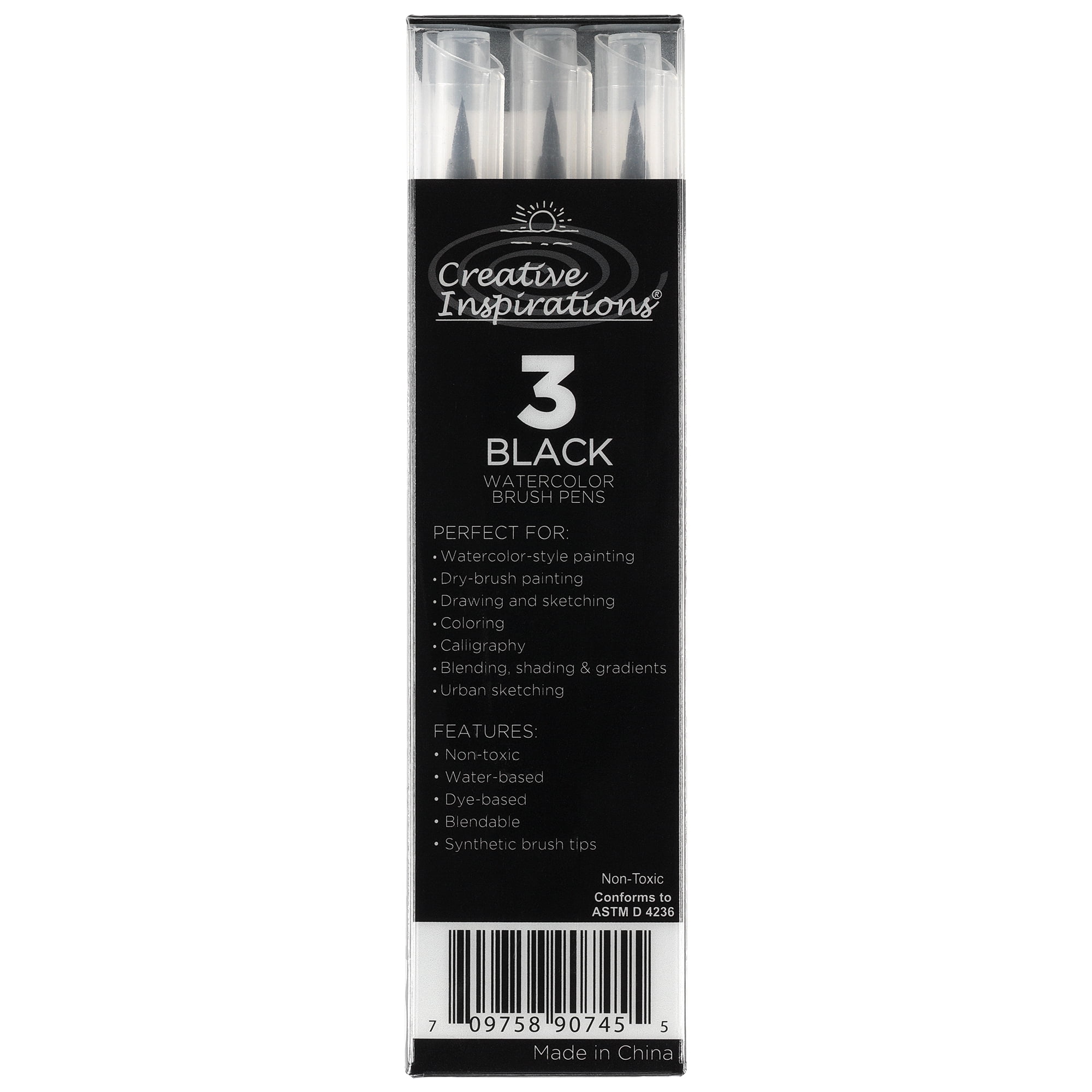Creative Inspirations Watercolor Brush Pen Set - Water-Soluble Pens for Painting and Coloring - Set of 3 Black Brush Pens