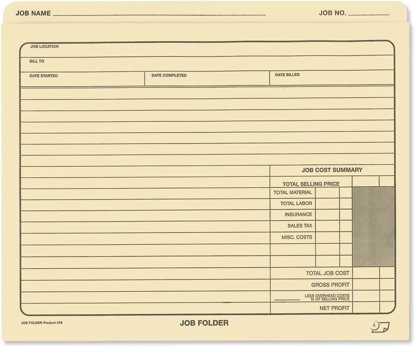 Job Folders Manila File Jacket 10” x 12” – Heavy Duty - Preprinted to Track Job Progress, Calculating Cost, and Customer Correspondences - 50 Folders