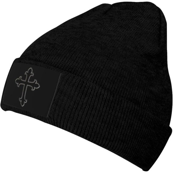 Christian Cross Black Women Beanie Hat Men Soft Classic Knit Stretchy Winter Cuffed Warm Cap
