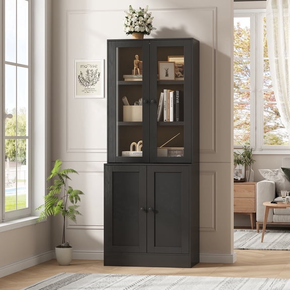 IDEALSOUL 71" Tall Bookcase with Doors and LED Lights, Black Wooden Bookcase with Charging Station, Freestanding Display Cabinet with Large Storage Space for Living Room, Office, Bedroom