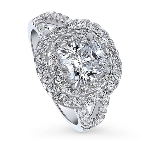 BERRICLE Sterling Silver Halo Wedding Engagement Rings Cushion Cut Cubic Zirconia CZ Statement Cocktail Split Shank Ring for Women, Rhodium Plated Size 7