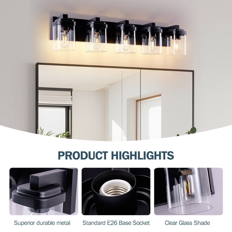 TICOZE 31 Inch 5 Light Matte Black Bathroom Vanity Light with Clear Glass Shade Vanity Light Fixtures Over Mirror for Bedroom, Living Room, Hallway (No Bulbs Included)