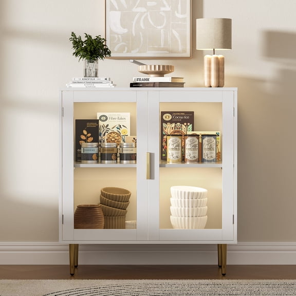 Sideboard Buffet Cabinet 32" Modern Storage Cabinet with Adjustable Shelf, Coffee Bar Cabinet with 2 Doors Acrylic for Living Room, Kitchen, White