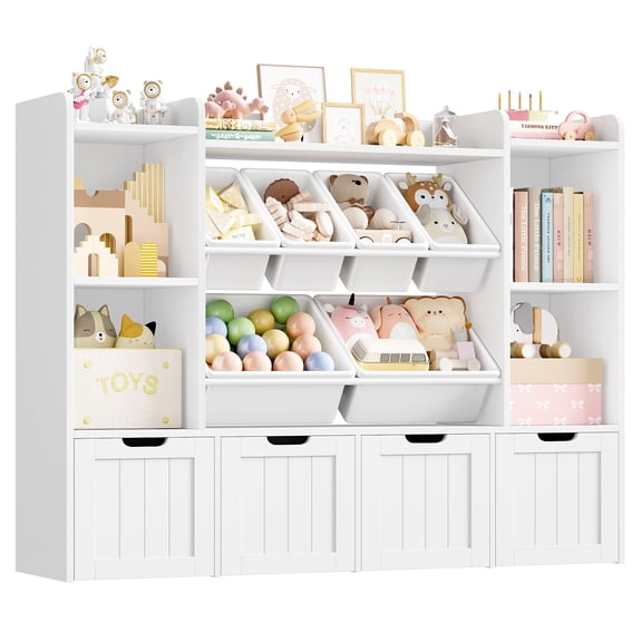 Hiphuta 3-tier 55"in Large Kids Bookcase with Toy Storage Organizer, Wood Toy Organizer of 6 Boxes & 4 Removable Drawers, White
